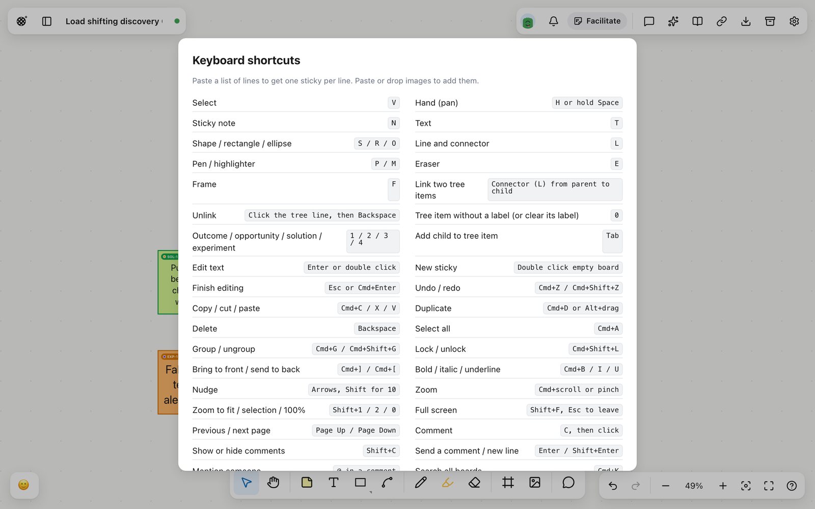The keyboard shortcuts sheet, opened with the question mark key